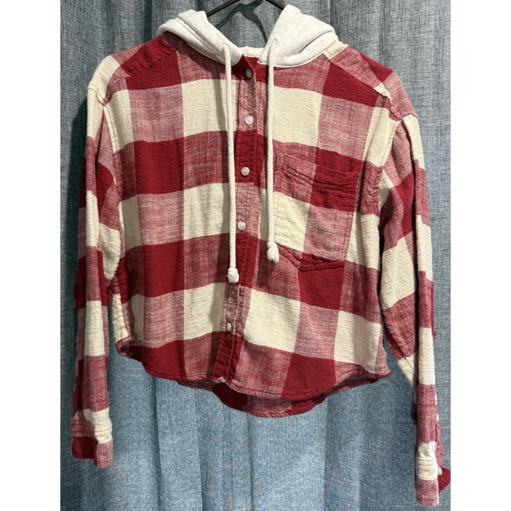American Eagle Womens Small Red & Cream Plaid Cropped Cabin Hoodie Flannel Patch